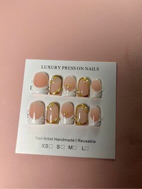 Luxury Cream, White & Gold Press-On Nails | Handmade French Tip Set ✨💅
